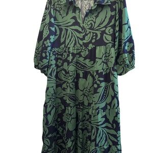 Umgee Green and Navy Leaf Print Dress